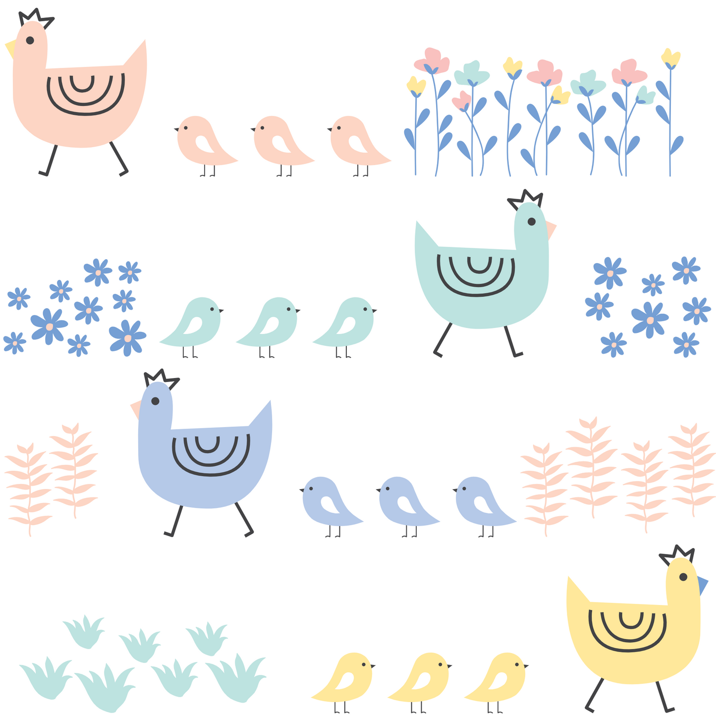 A closeup on a dollhouse wallpaper pattern of a mama hen and her adorable little chicks.