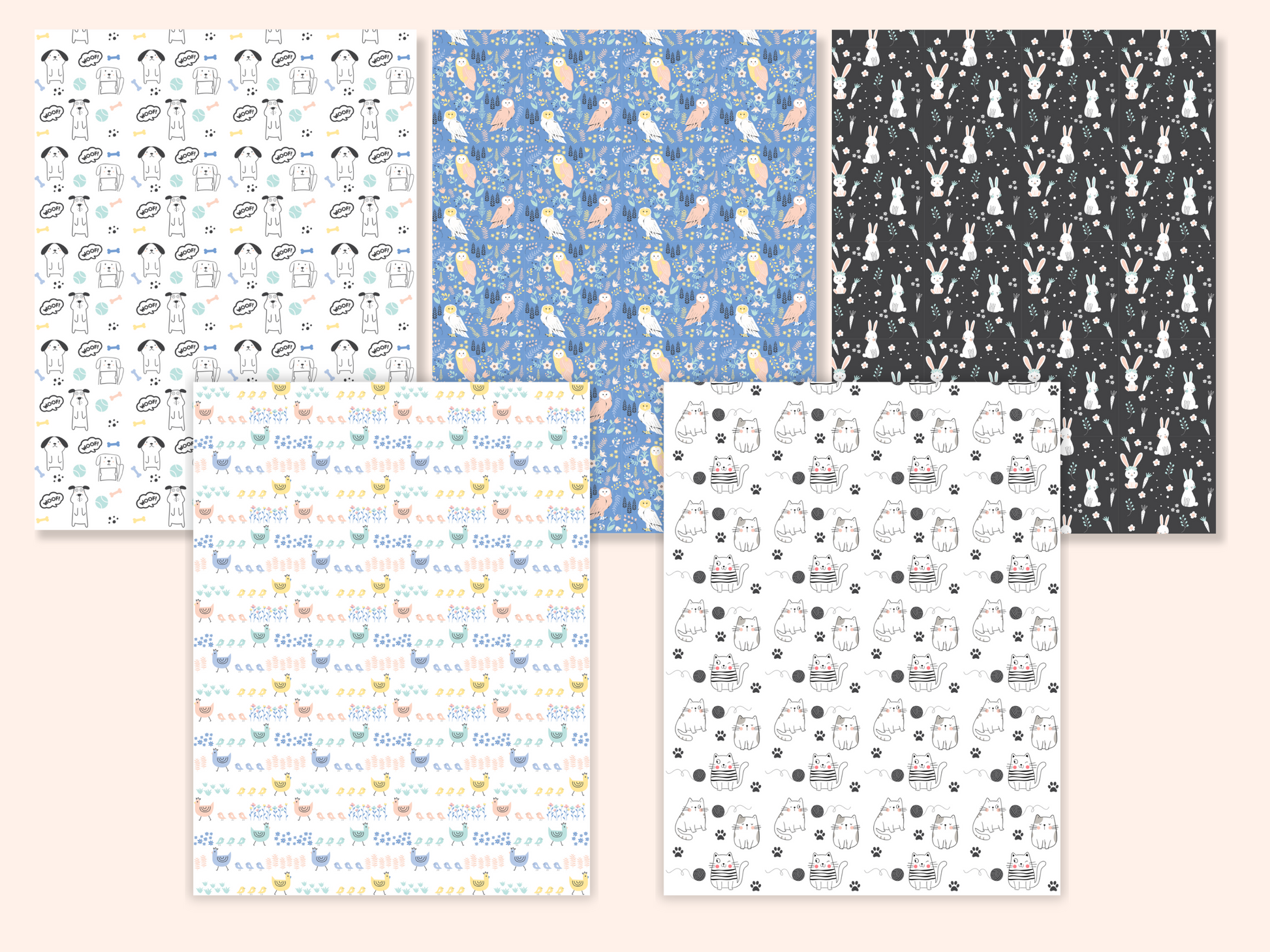 5 dollhouse wallpaper sheets with 5 different pet patterns presented as full sheets side by side