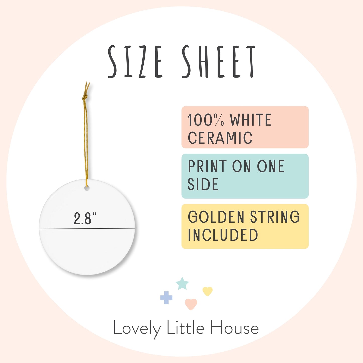 Christmas ornaments size sheet with product details on a white background