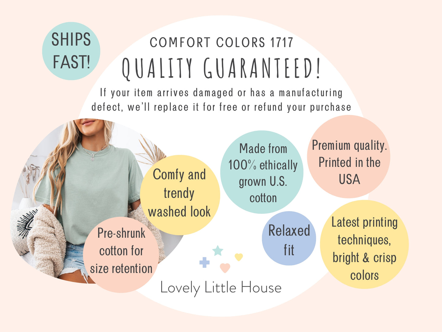 Promotional graphic for Comfort Colors 1717 with text about product quality, shipping, and features.