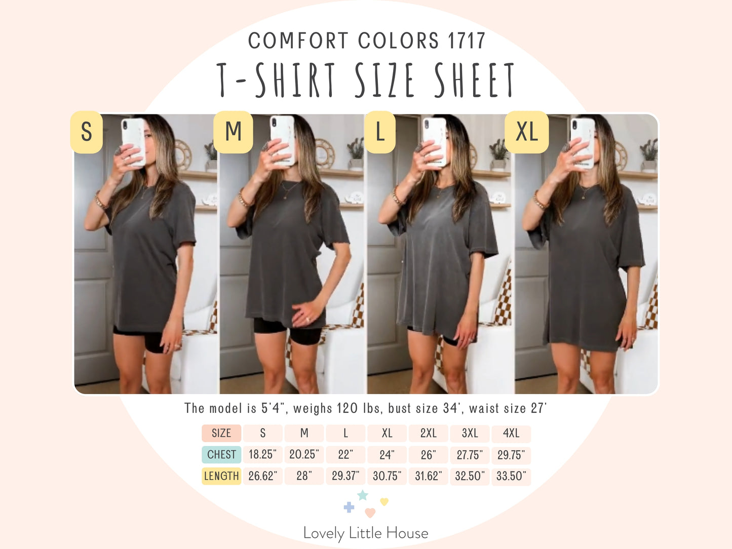 T-shirt size chart with model wearing a gray Comfort Colors 1717 t-shirt in various sizes.