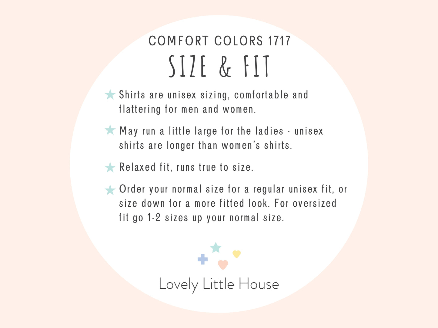 Text on size and fit information for Comfort Colors 1717 shirts.