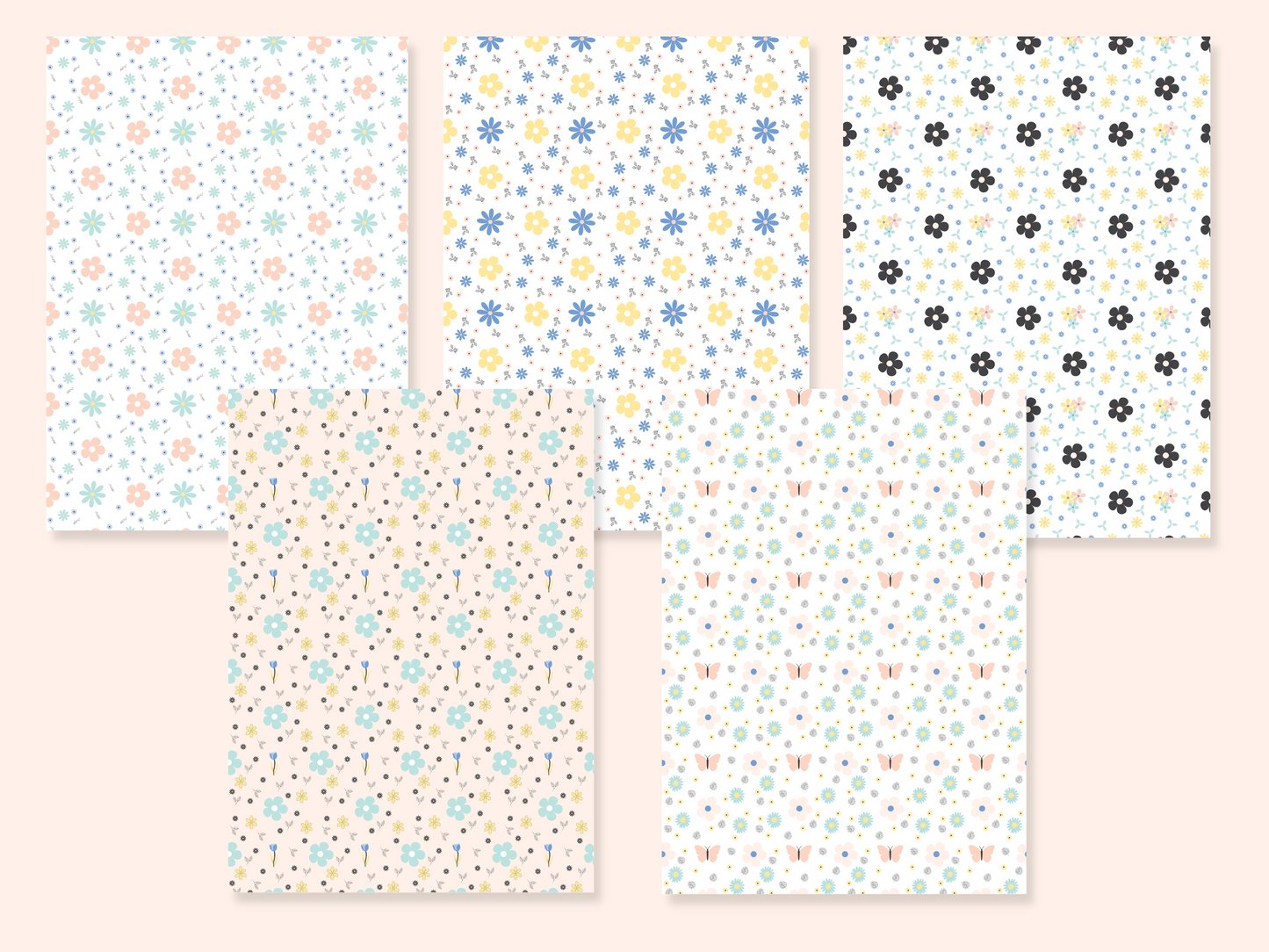 5 dollhouse wallpaper sheets with 5 different floral patterns presented as full sheets side by side