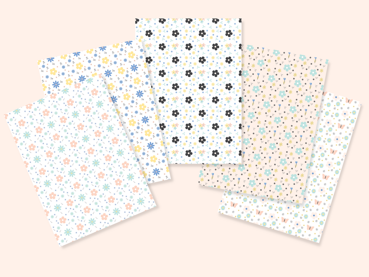 5 dollhouse wallpaper sheets with 5 different floral patterns presented in a fan shape