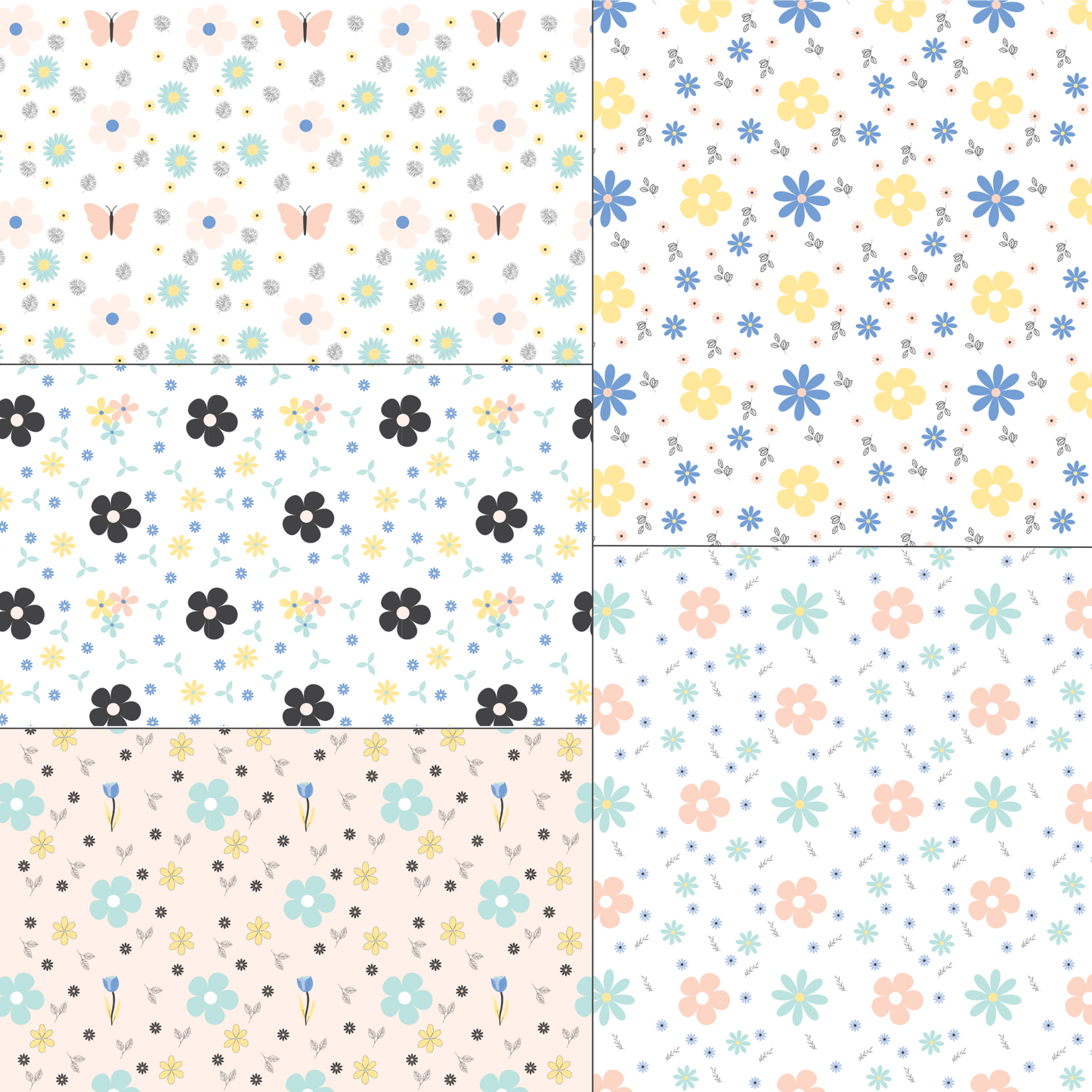 5 dollhouse wallpaper sheets with 5 different floral patterns presented side by side