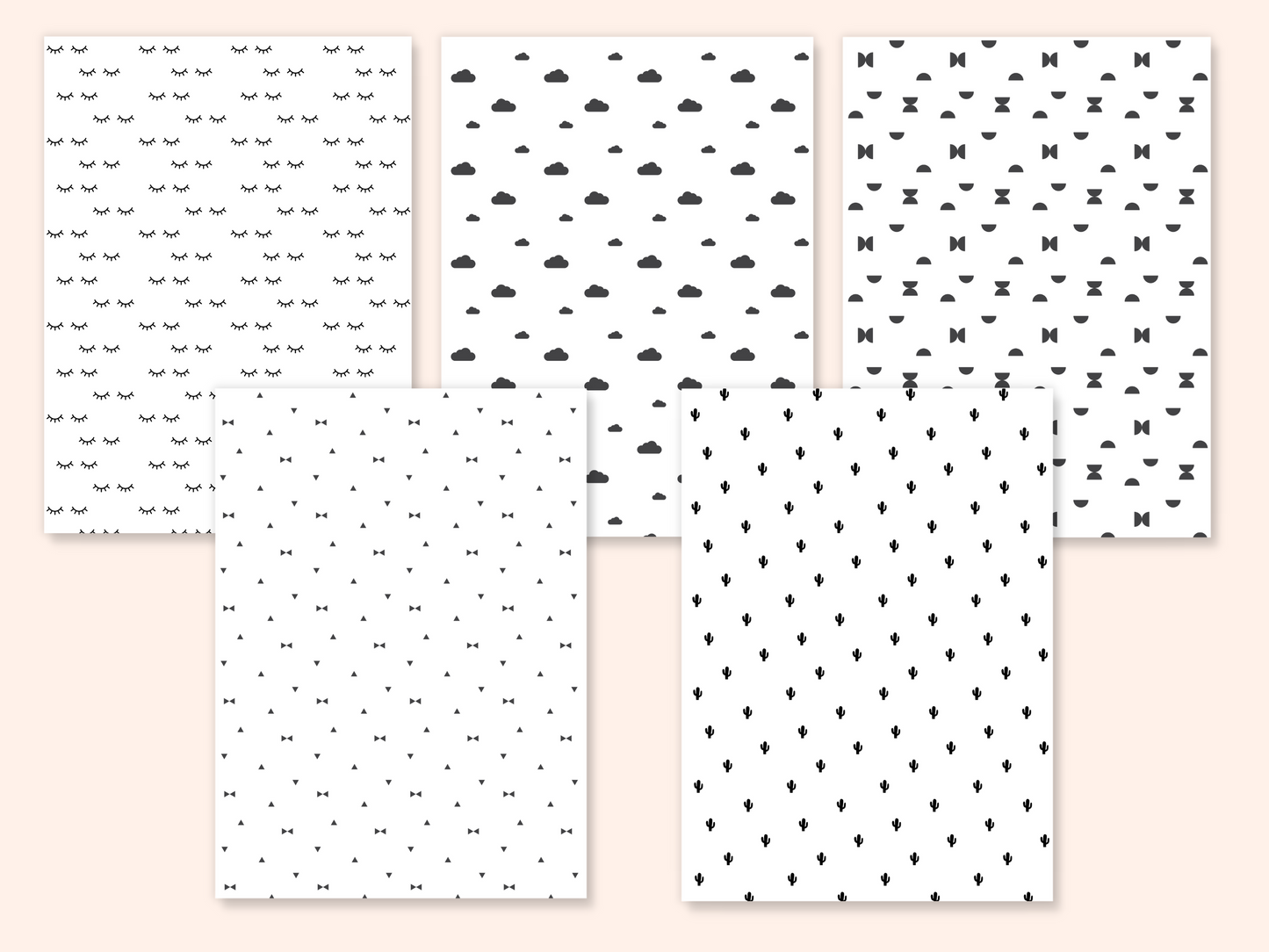 5 dollhouse wallpaper sheets with 5 different Nordic patterns presented as full sheets side by side