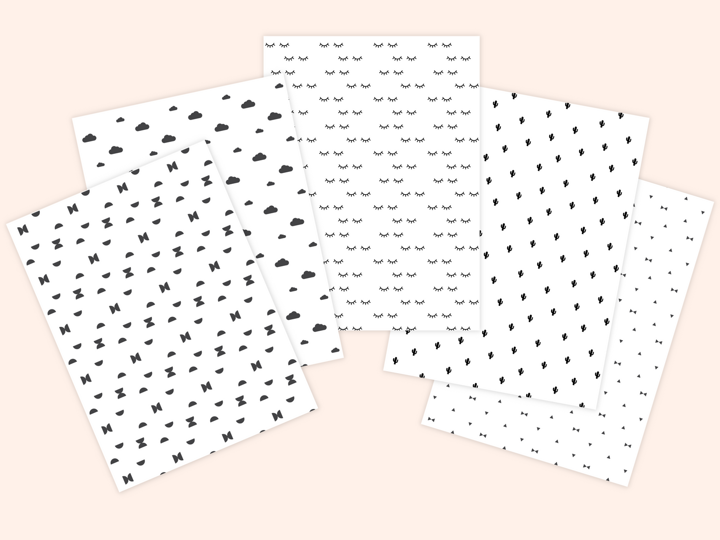 5 dollhouse wallpaper sheets with 5 different Nordic patterns presented in a fan shape