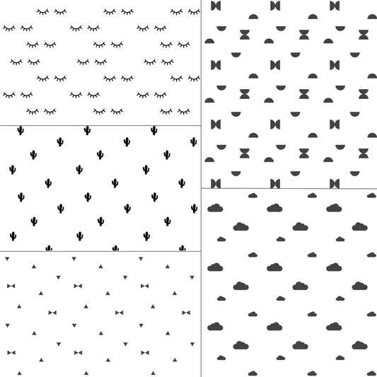 5 dollhouse wallpaper sheets with 5 different Nordic patterns presented side by side