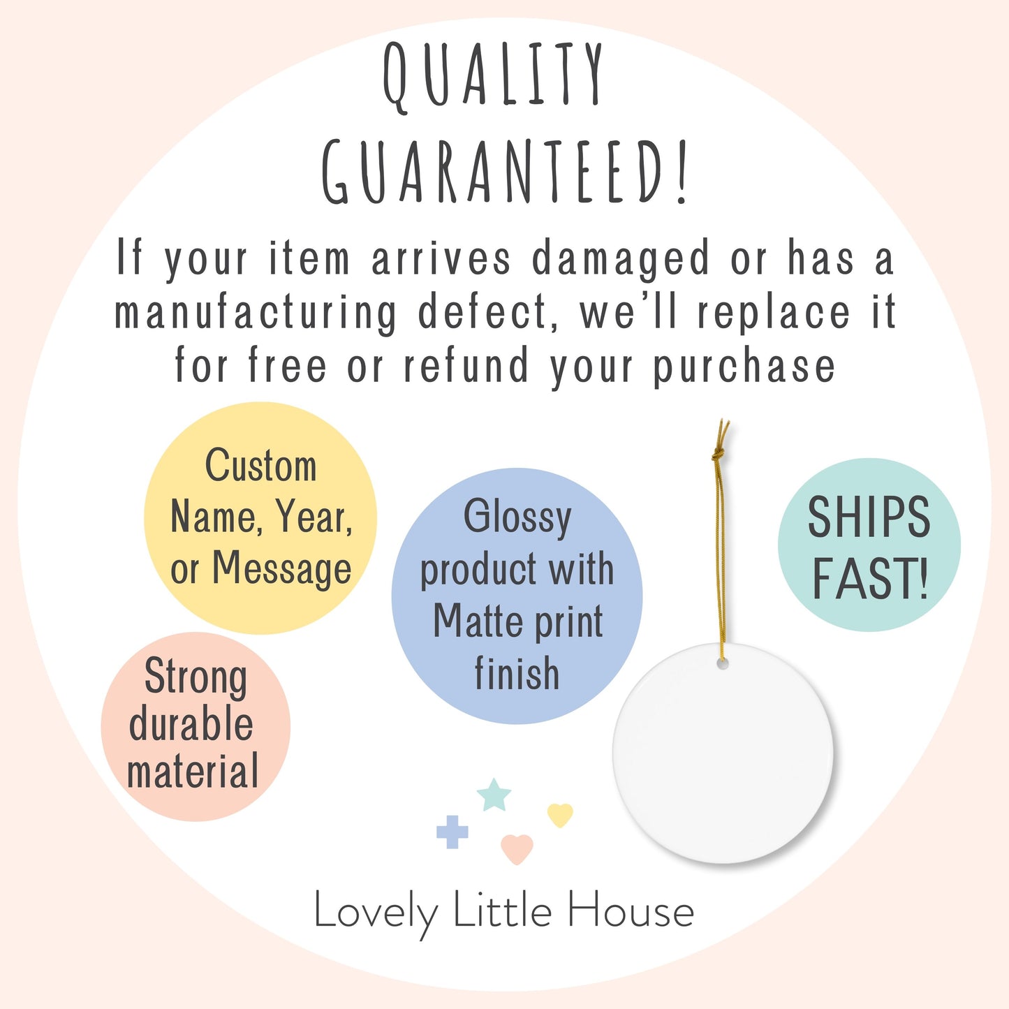 Infographic for Christmas ornaments with quality assurance and product features on a light pink background.