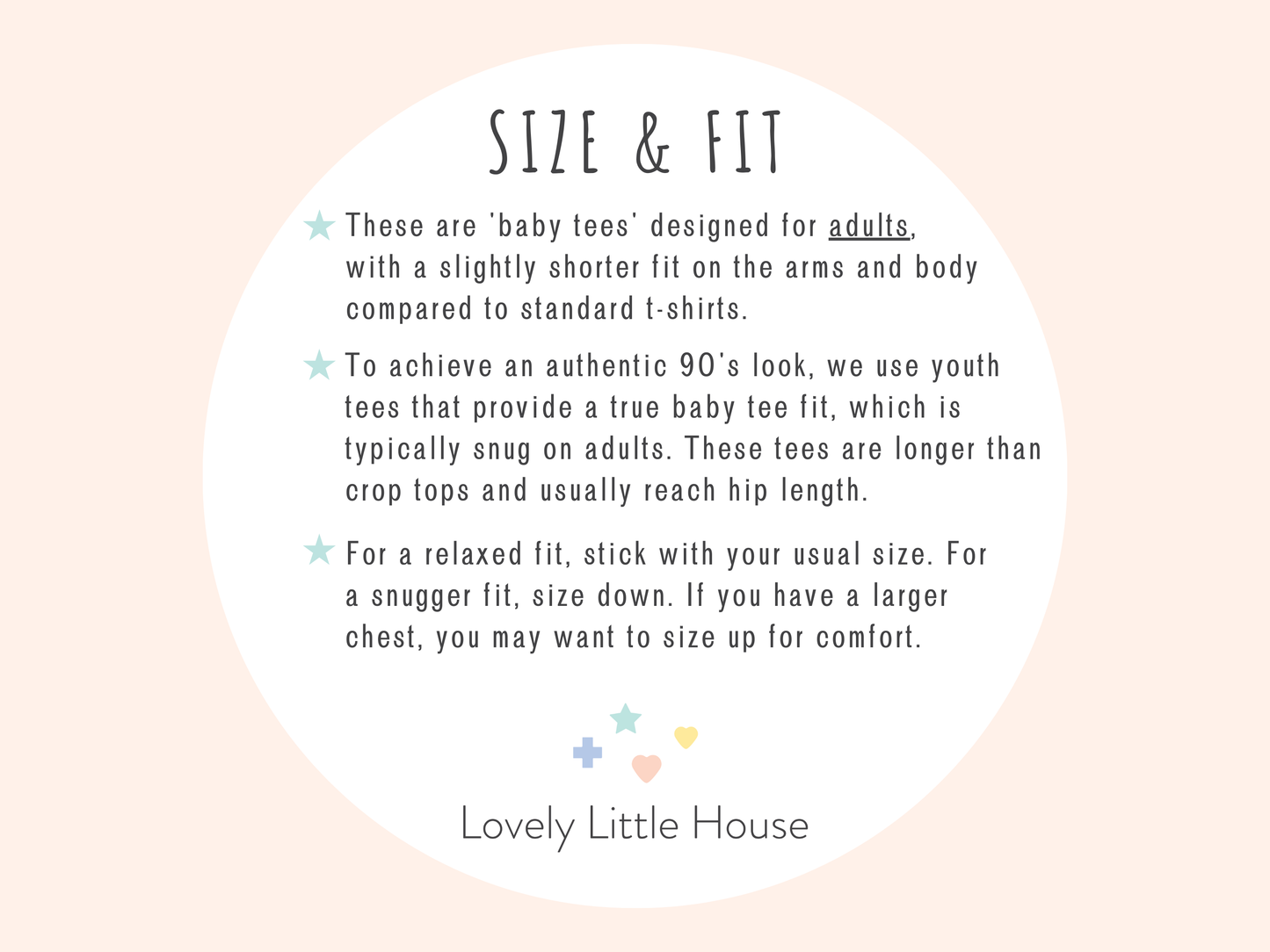 Baby tee's size and fit guide.