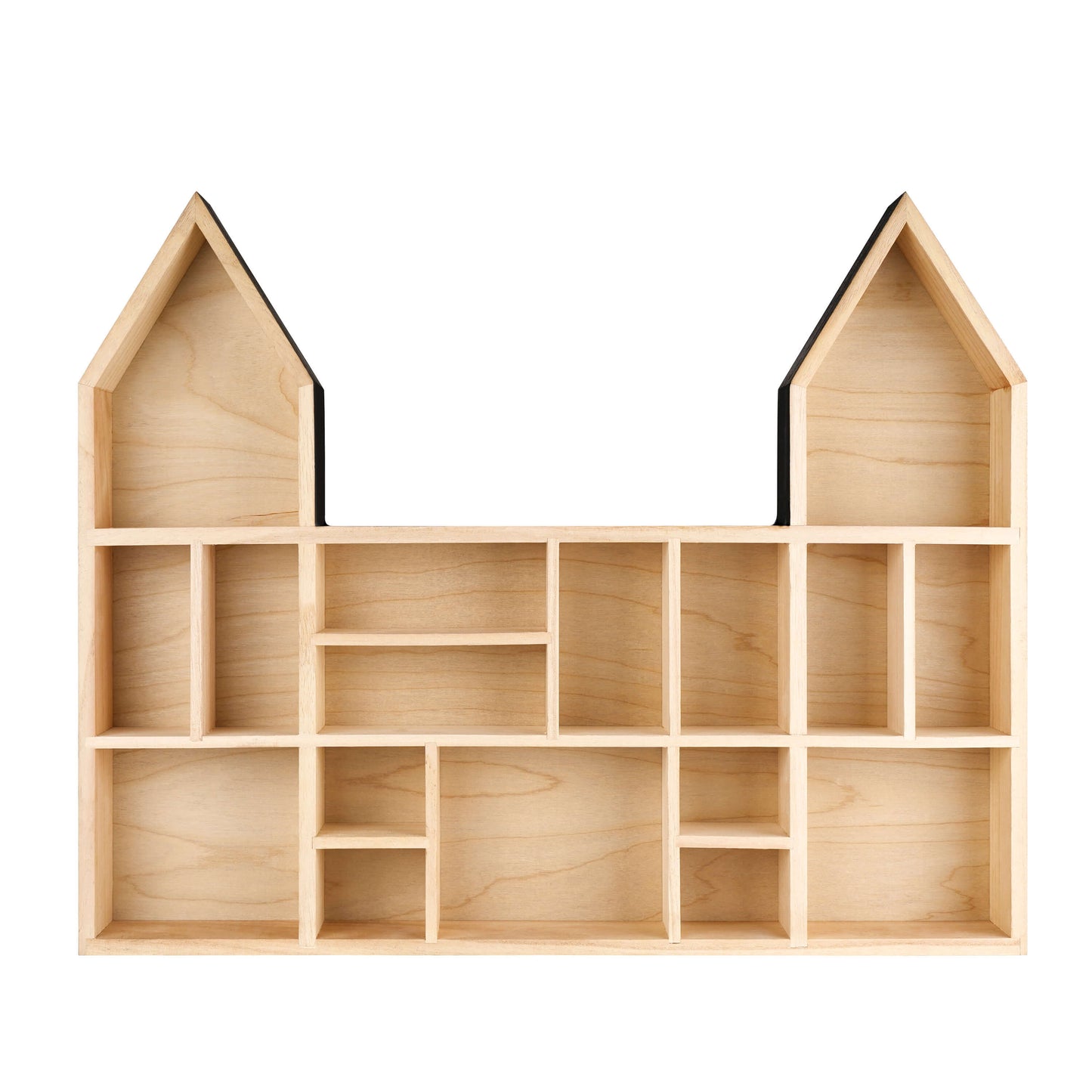Castle shaped wooden toy display shelf with a black finish on the outside ( Empty, front view)