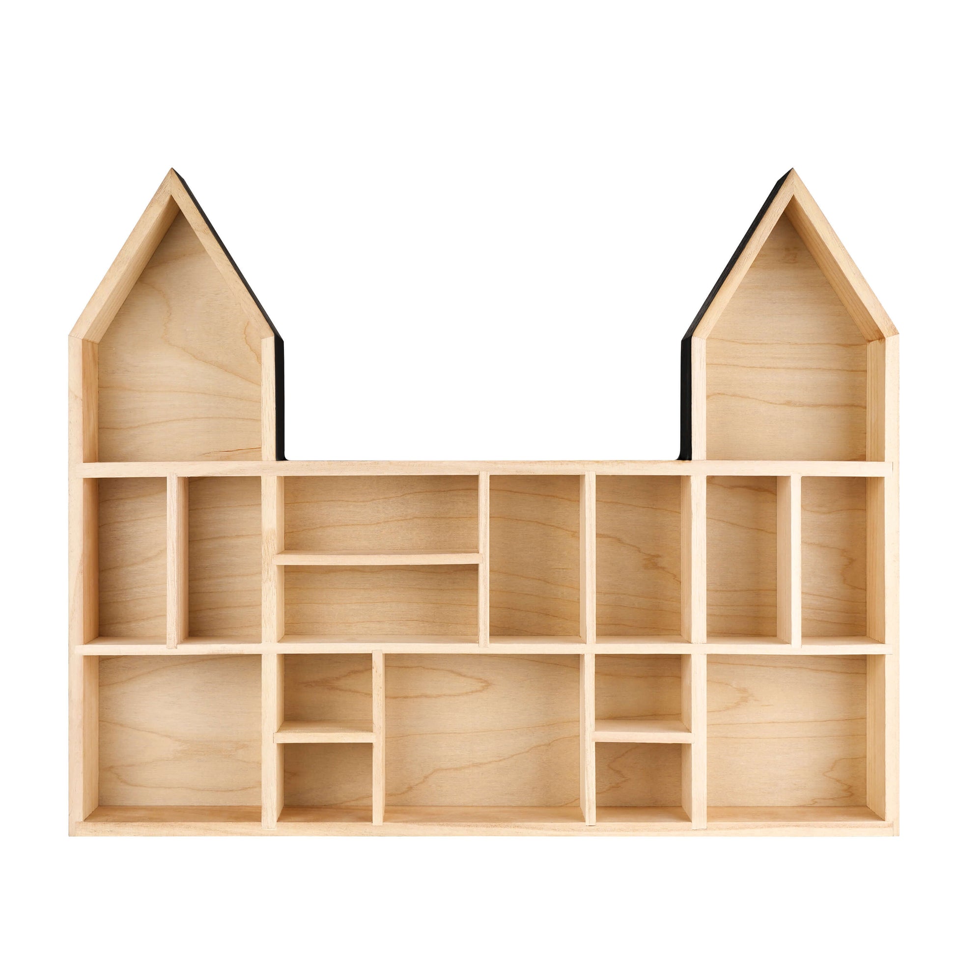 Castle shaped wooden toy display shelf with a black finish on the outside ( Empty, front view)
