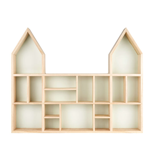Castle shaped wooden toy display shelf with a mint-colored backboard ( Empty, front view)
