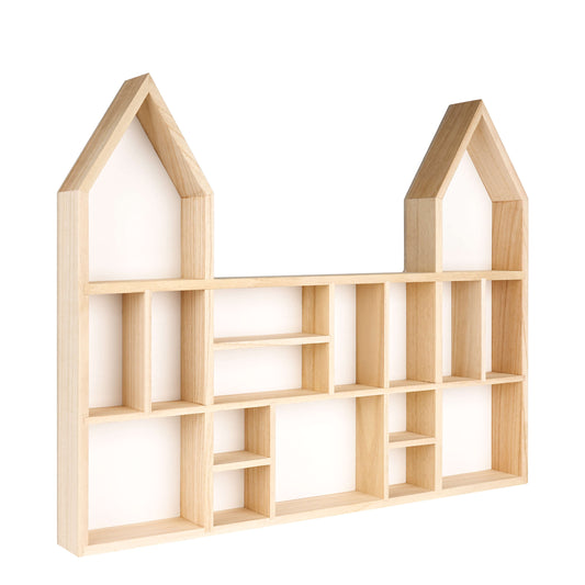 Castle shaped wooden toy display shelf with a white-colored backboard ( Empty, side view)