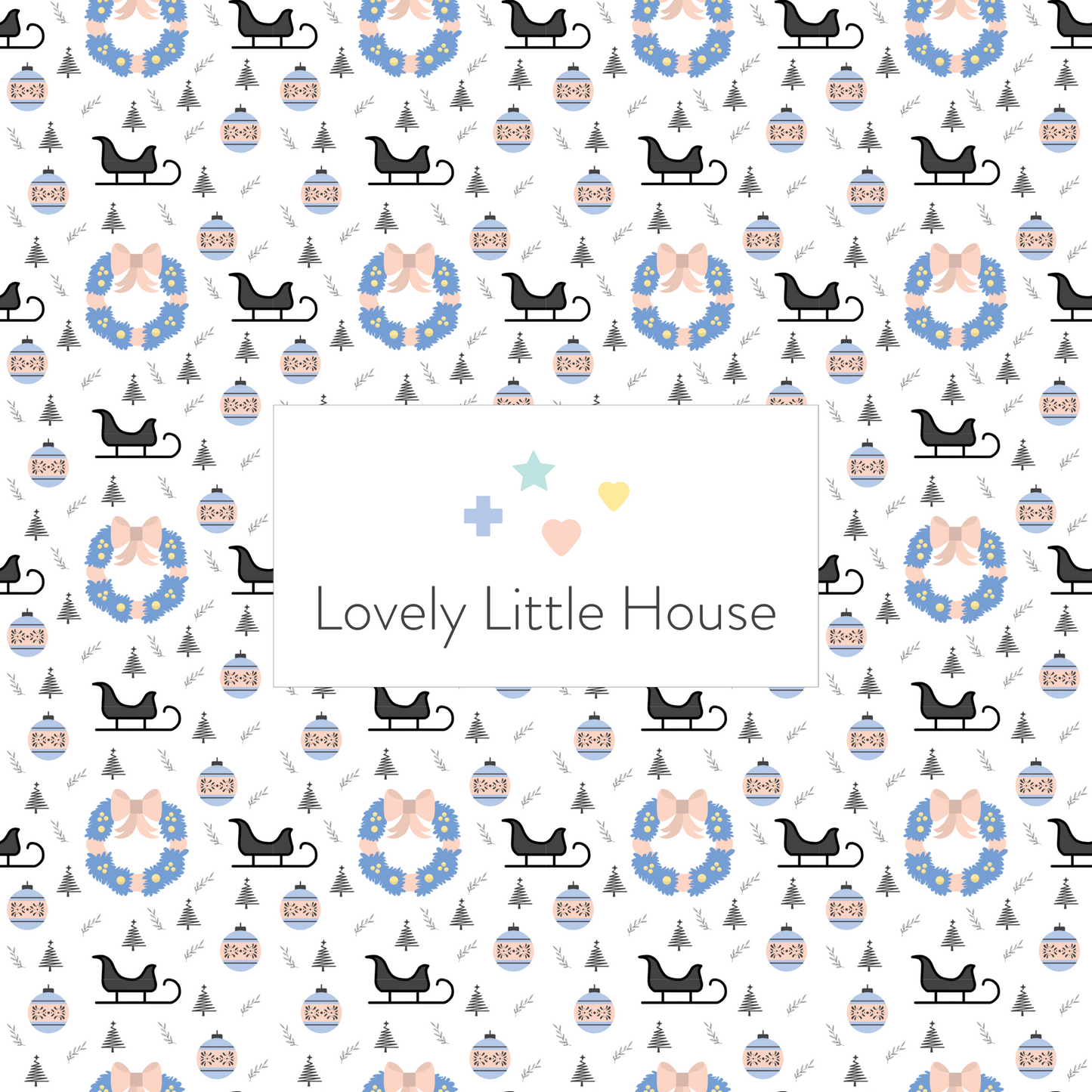 A dollhouse wallpaper pattern of a Santa sleigh and Christmas wreath in pink, black and blue