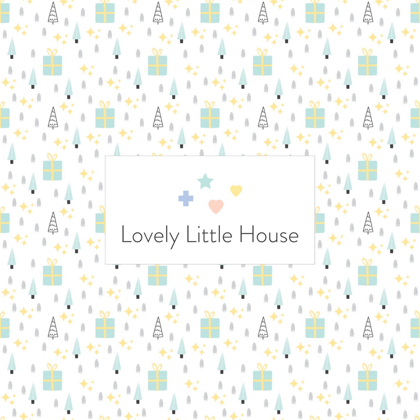A dollhouse wallpaper pattern of Christmas Trees and Gifts in mint and yellow