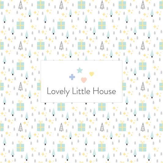 A dollhouse wallpaper pattern of Christmas Trees and Gifts in mint and yellow