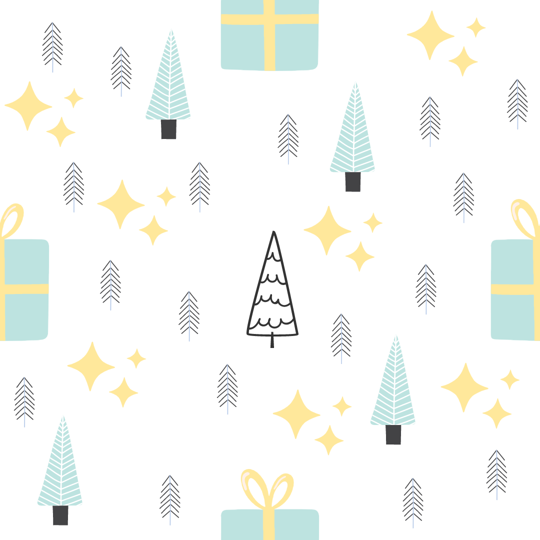 A closeup on a dollhouse wallpaper pattern of Christmas Trees and Gifts in mint and yellow