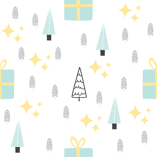 A closeup on a dollhouse wallpaper pattern of Christmas Trees and Gifts in mint and yellow