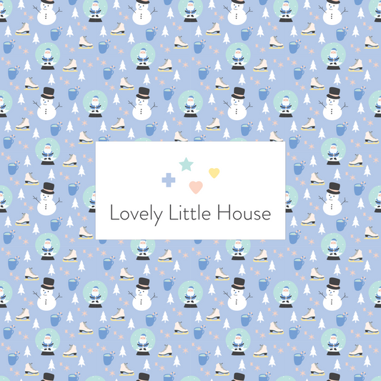 A dollhouse wallpaper pattern of Snowman, Santa snow globe, ice skates, and Christmas hot chocolate in blue
