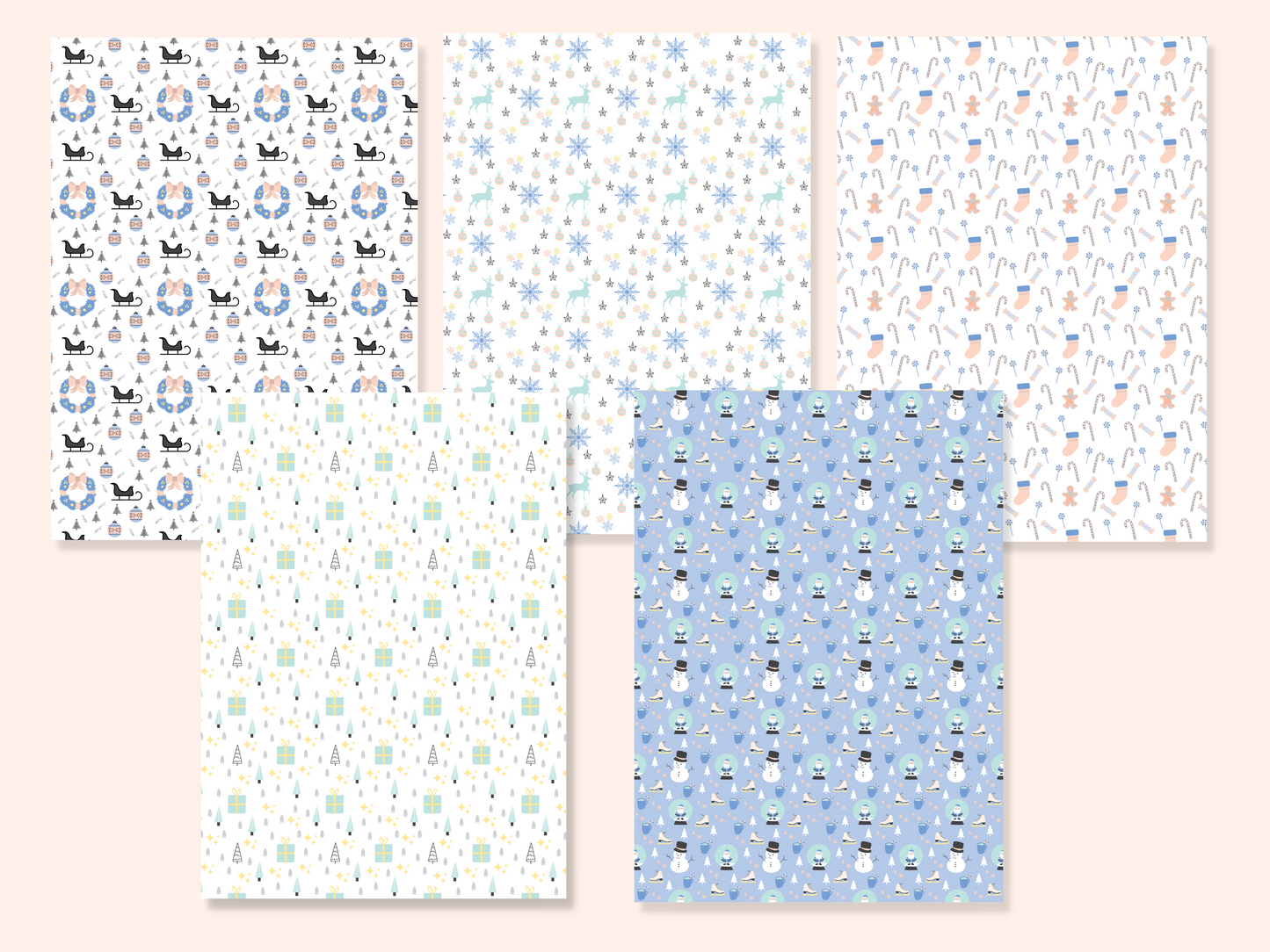 5 dollhouse wallpaper sheets with 5 different Christmas patterns presented as full sheets side by side