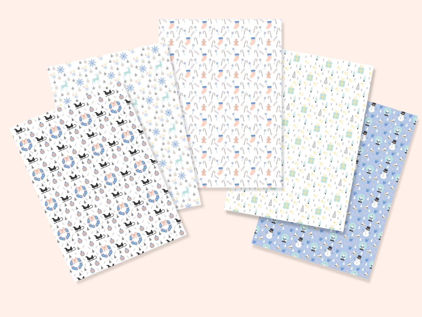 5 dollhouse wallpaper sheets with 5 different Christmas patterns presented in a fan shape