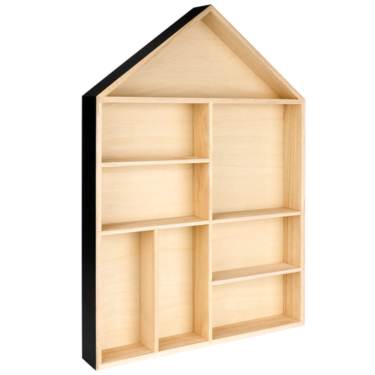 House shaped wooden toy display shelf with a black finish on the outside ( Empty, side view)