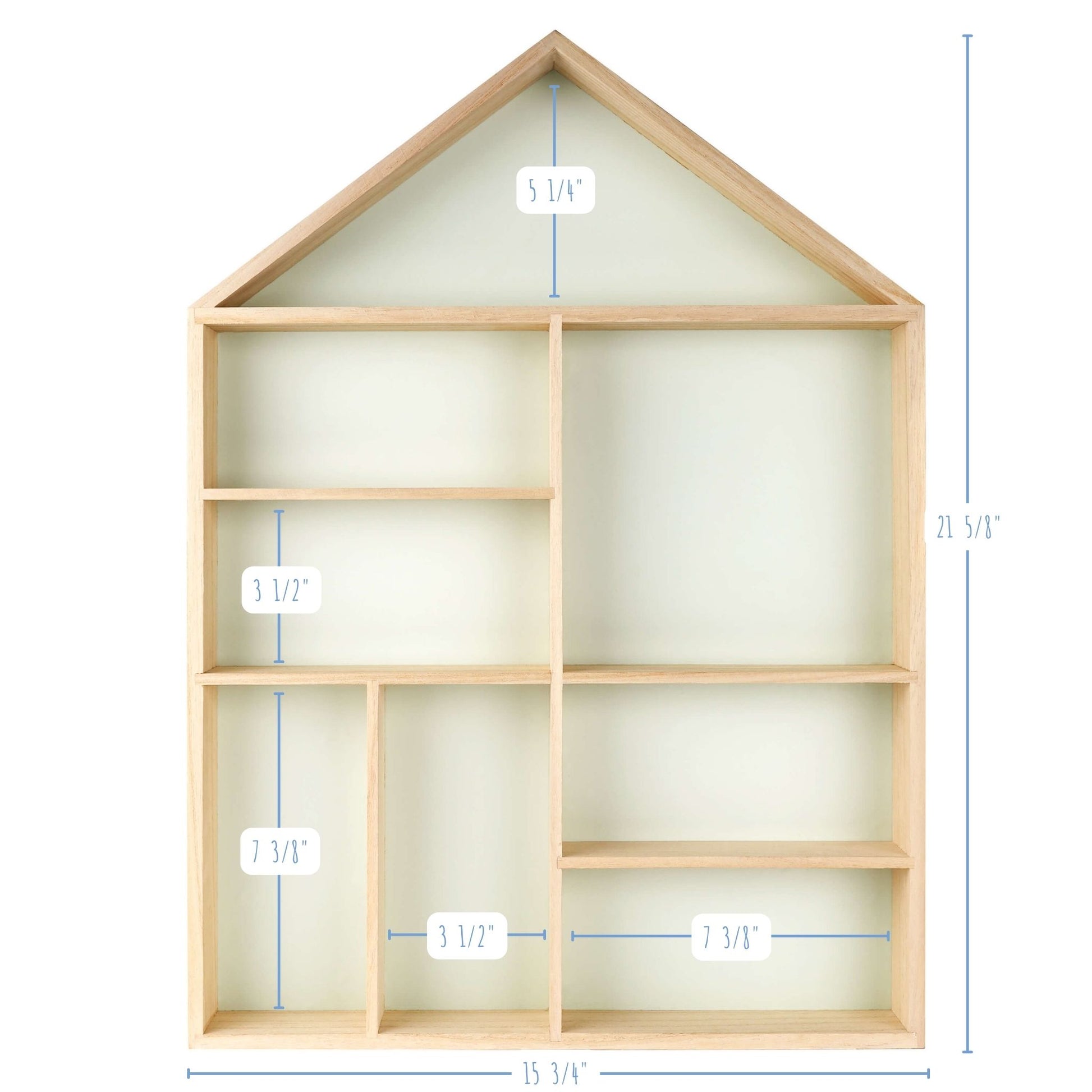 House shaped wooden toy display shelf with a mint-colored backboard - with compartments size detailed (front view)
