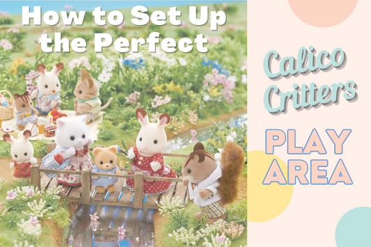Calico Critters standing on a bridge tossing flowers into the water below.