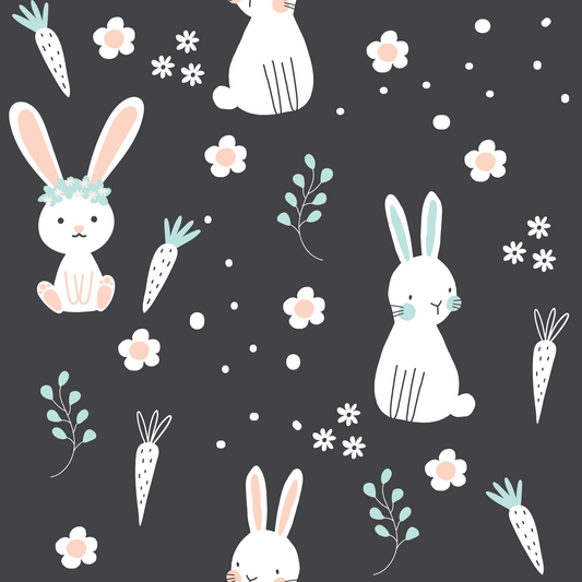 A closeup on a dollhouse wallpaper pattern of cute bunnies and their favorite snack - carrots!