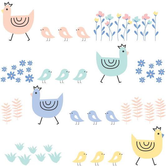 A closeup on a dollhouse wallpaper pattern of a mama hen and her adorable little chicks.