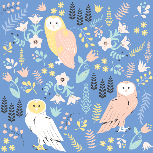 A closeup on a dollhouse wallpaper pattern of adorable owls nestled among lush forest plants and blooming flowers.