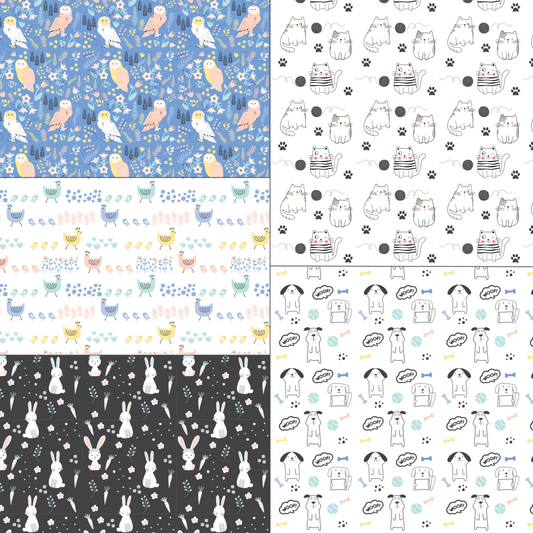 5 dollhouse wallpaper sheets with 5 different pet patterns presented side by side