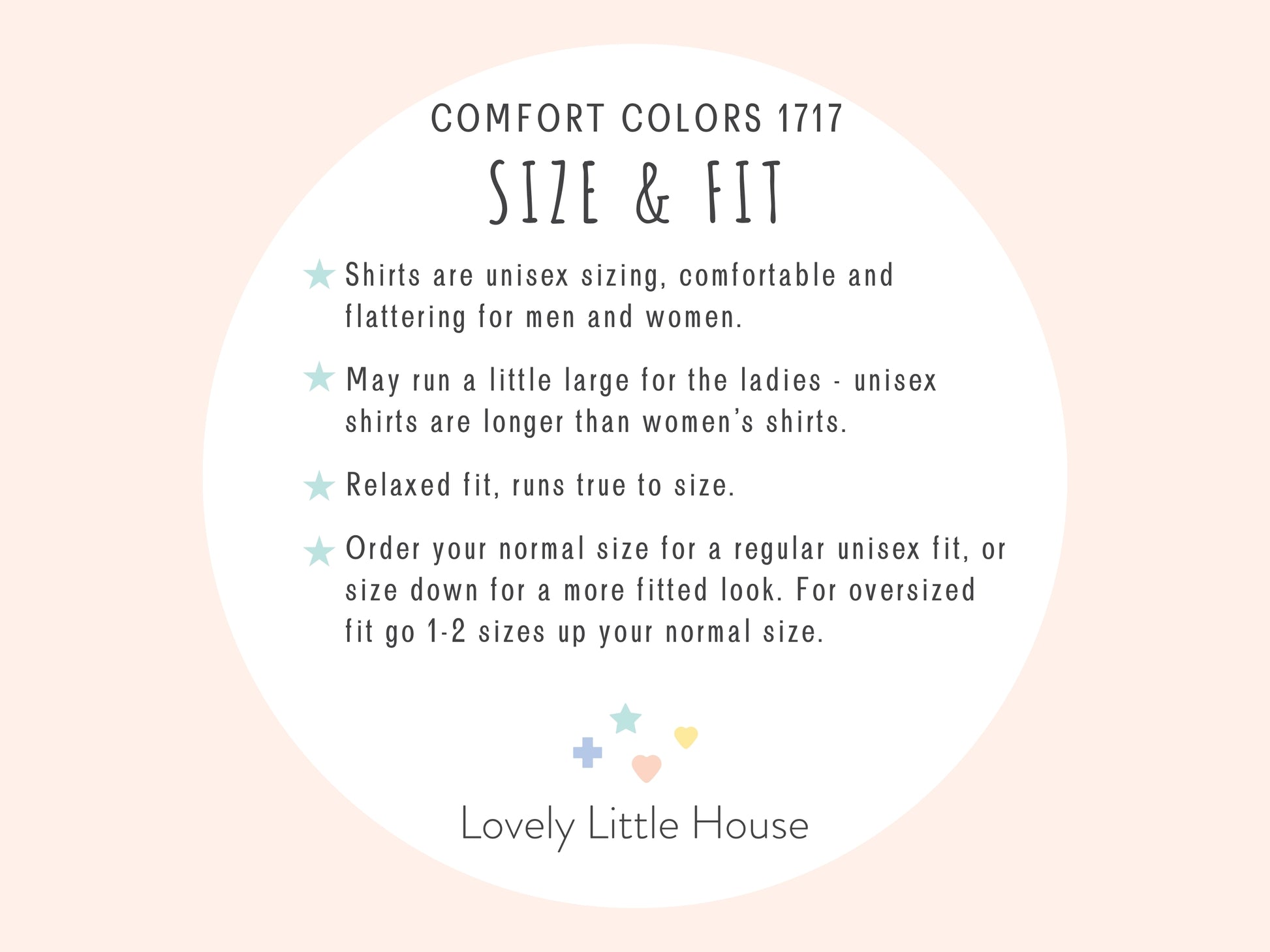 Text on size and fit information for Comfort Colors 1717 shirts.