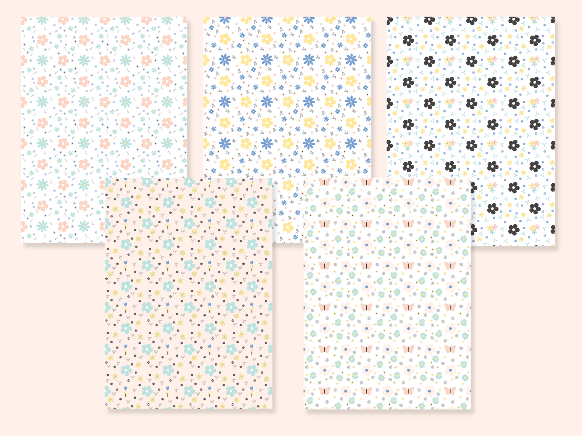5 dollhouse wallpaper sheets with 5 different floral patterns presented as full sheets side by side
