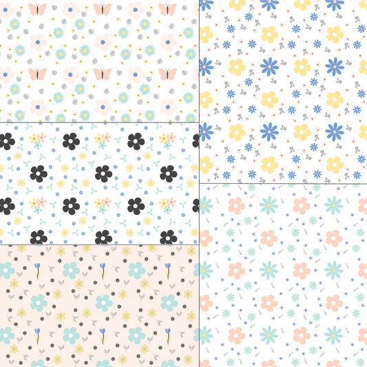 5 dollhouse wallpaper sheets with 5 different floral patterns presented side by side