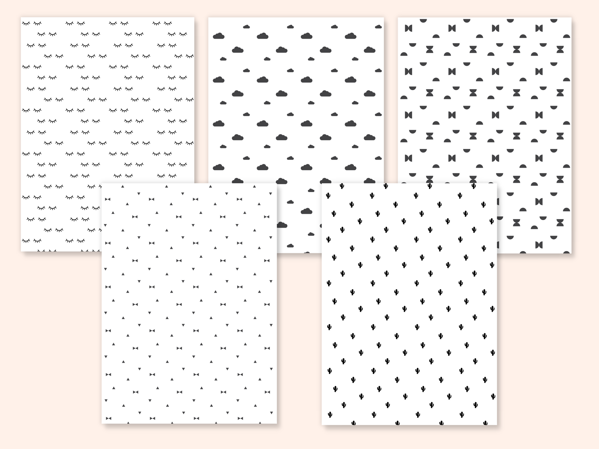 5 dollhouse wallpaper sheets with 5 different Nordic patterns presented as full sheets side by side
