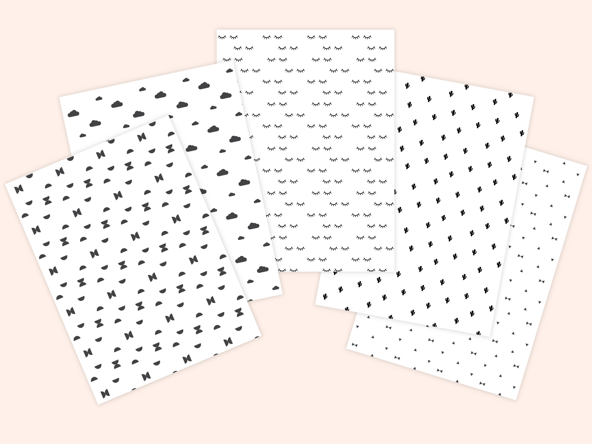 5 dollhouse wallpaper sheets with 5 different Nordic patterns presented in a fan shape