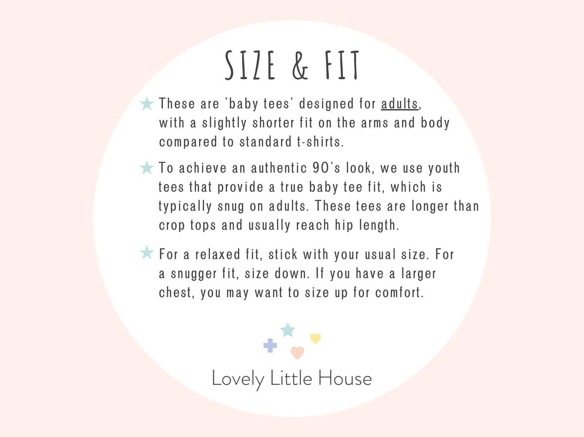 Baby tee's size and fit guide.