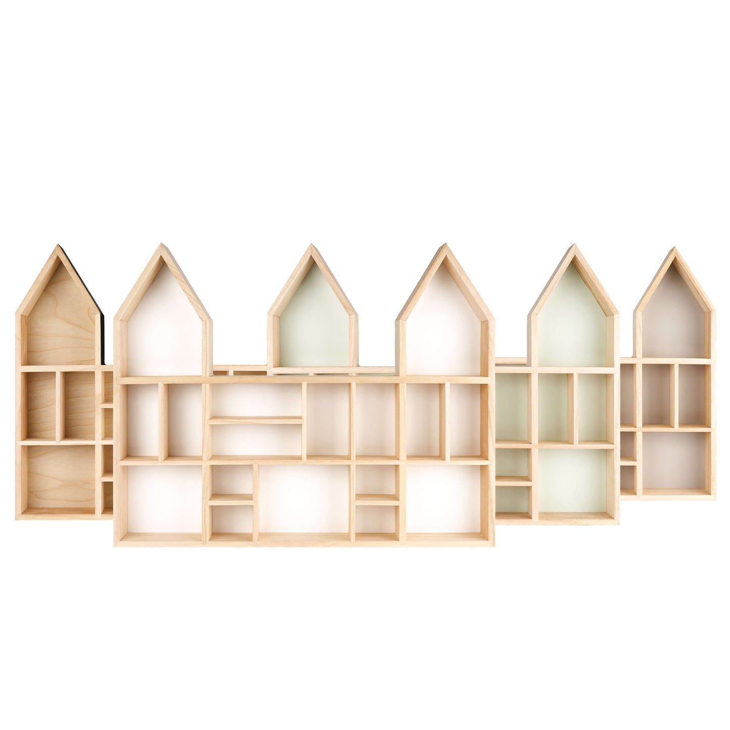 Castle shaped wooden toy display shelf - all color variations displayed side by side (front view)