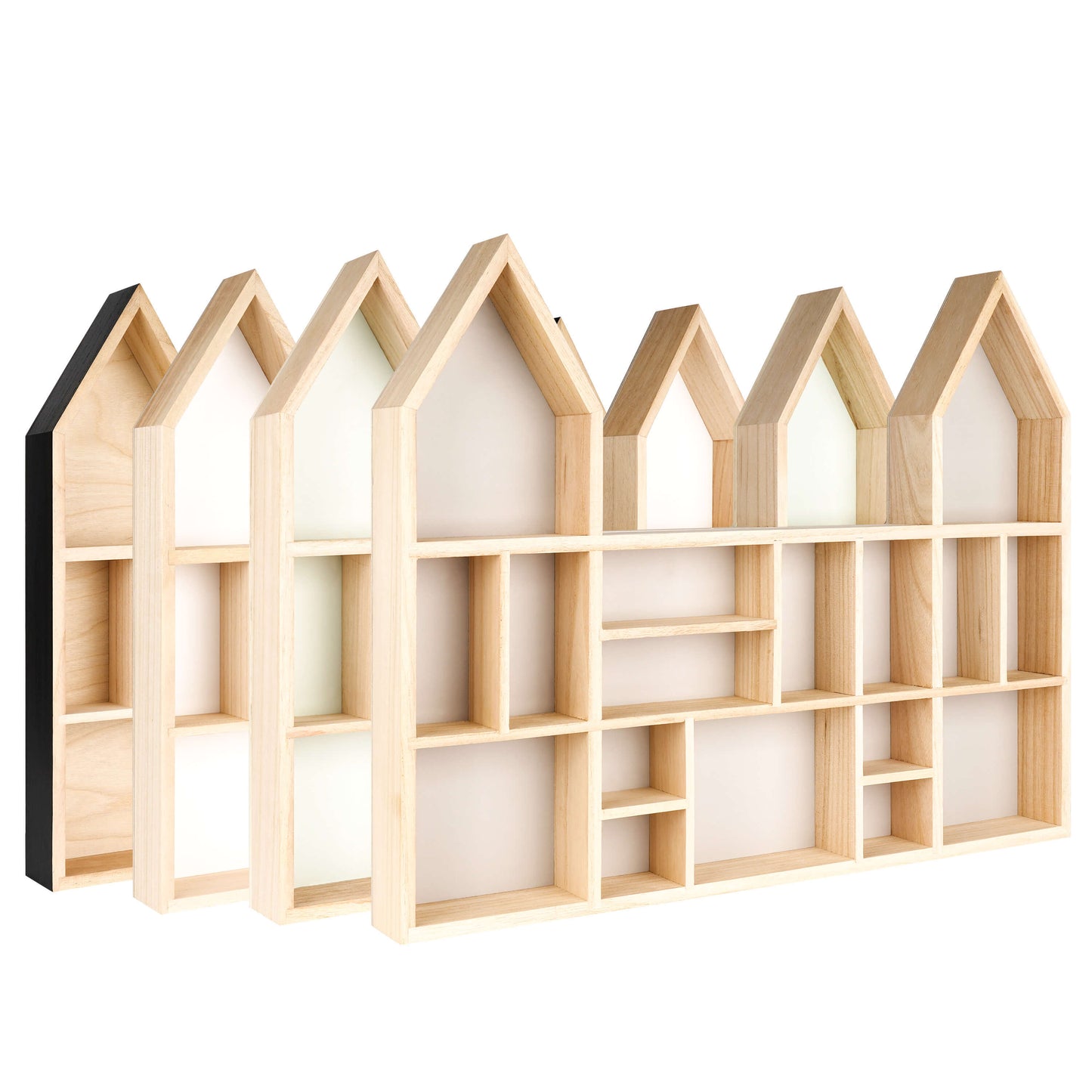 Castle shaped wooden toy display shelf - all color variations displayed side by side (side view)
