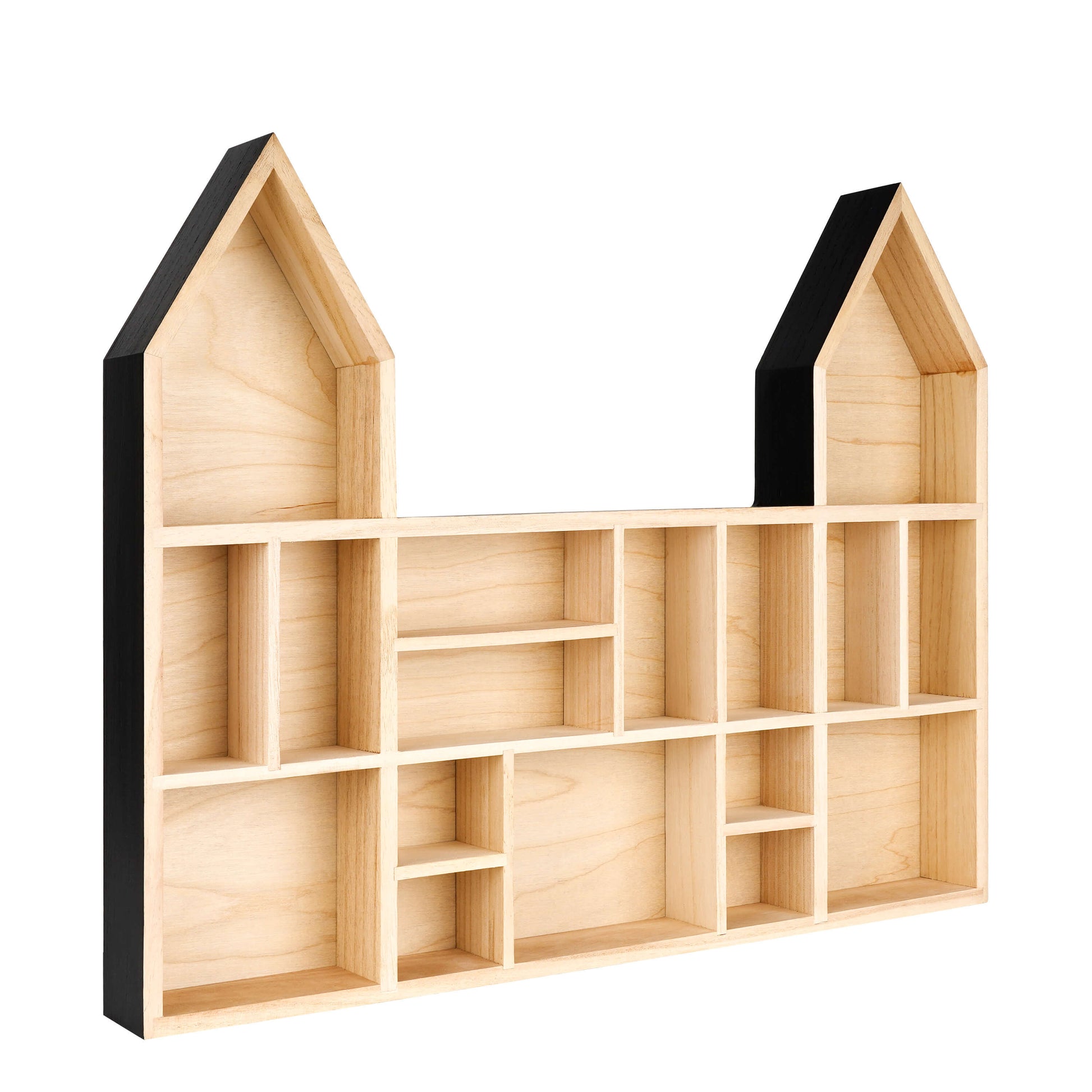 Castle shaped wooden toy display shelf with a black finish on the outside ( Empty, side view)