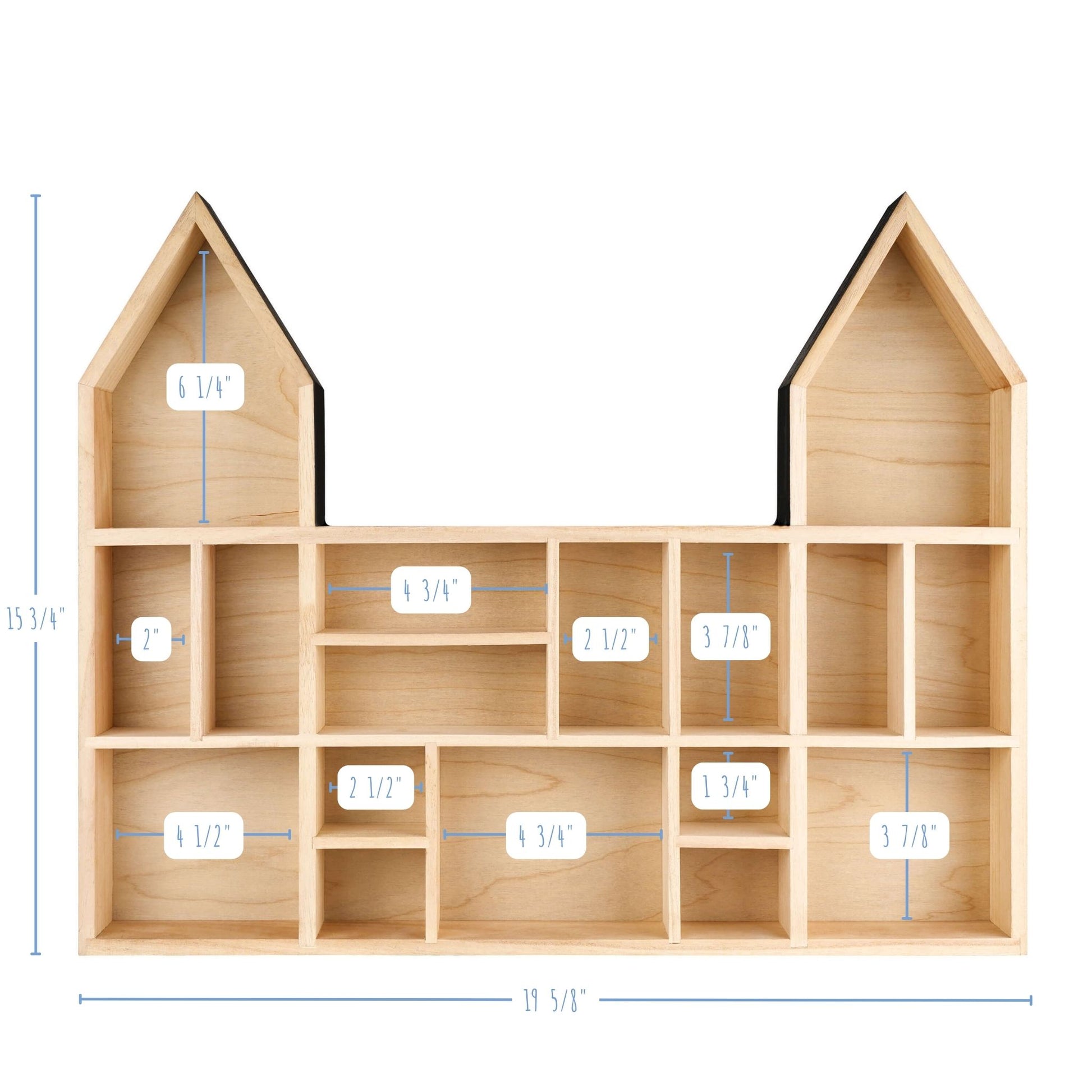 Castle shaped wooden toy display shelf with a black finish on the outside - with compartments size detailed (front view)