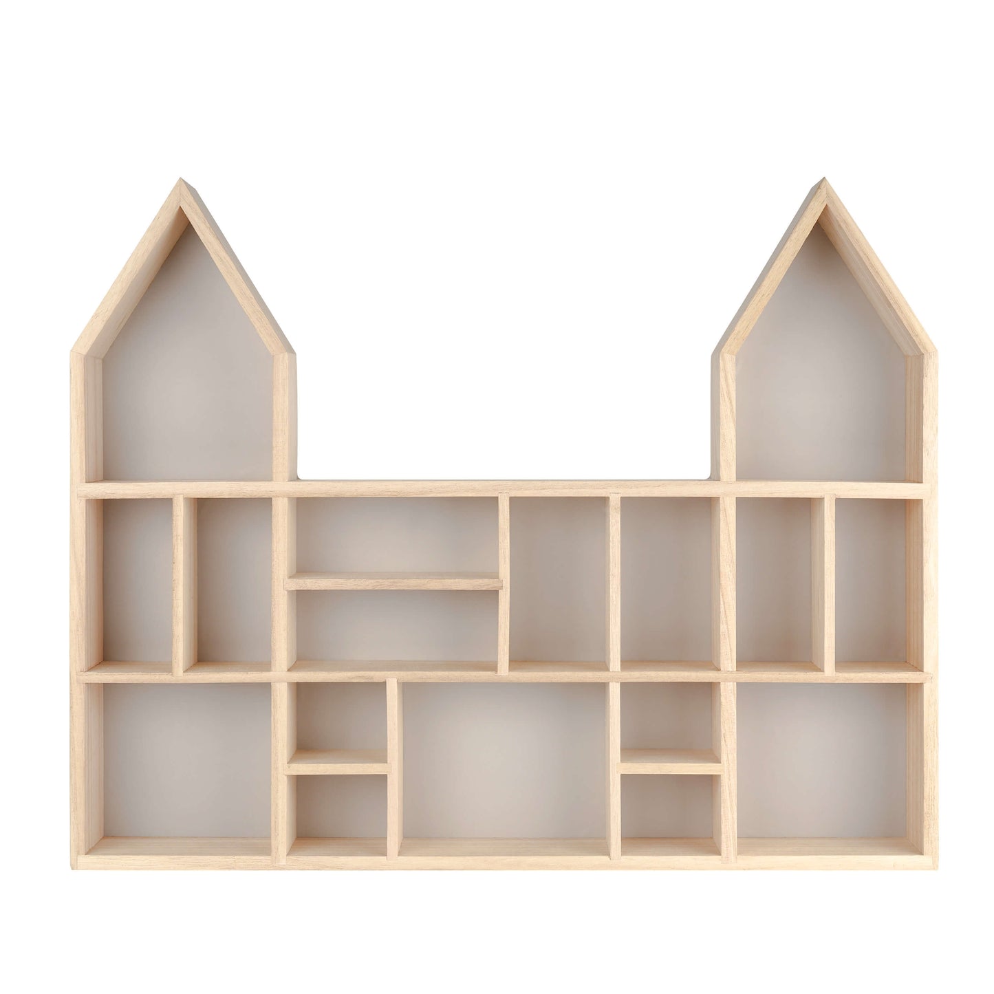 Castle shaped wooden toy display shelf with a gray-colored backboard ( Empty, front view)