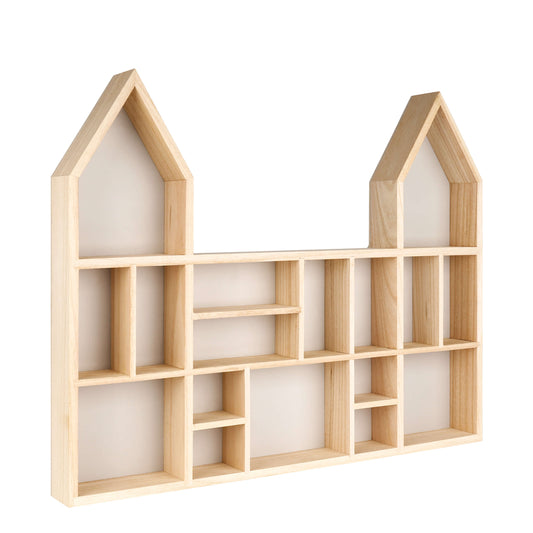 Castle shaped wooden toy display shelf with a gray-colored backboard ( Empty, side view)