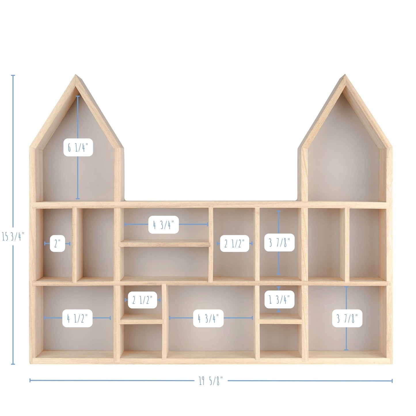Castle shaped wooden toy display shelf with a gray-colored backboard - with compartments size detailed (front view)
