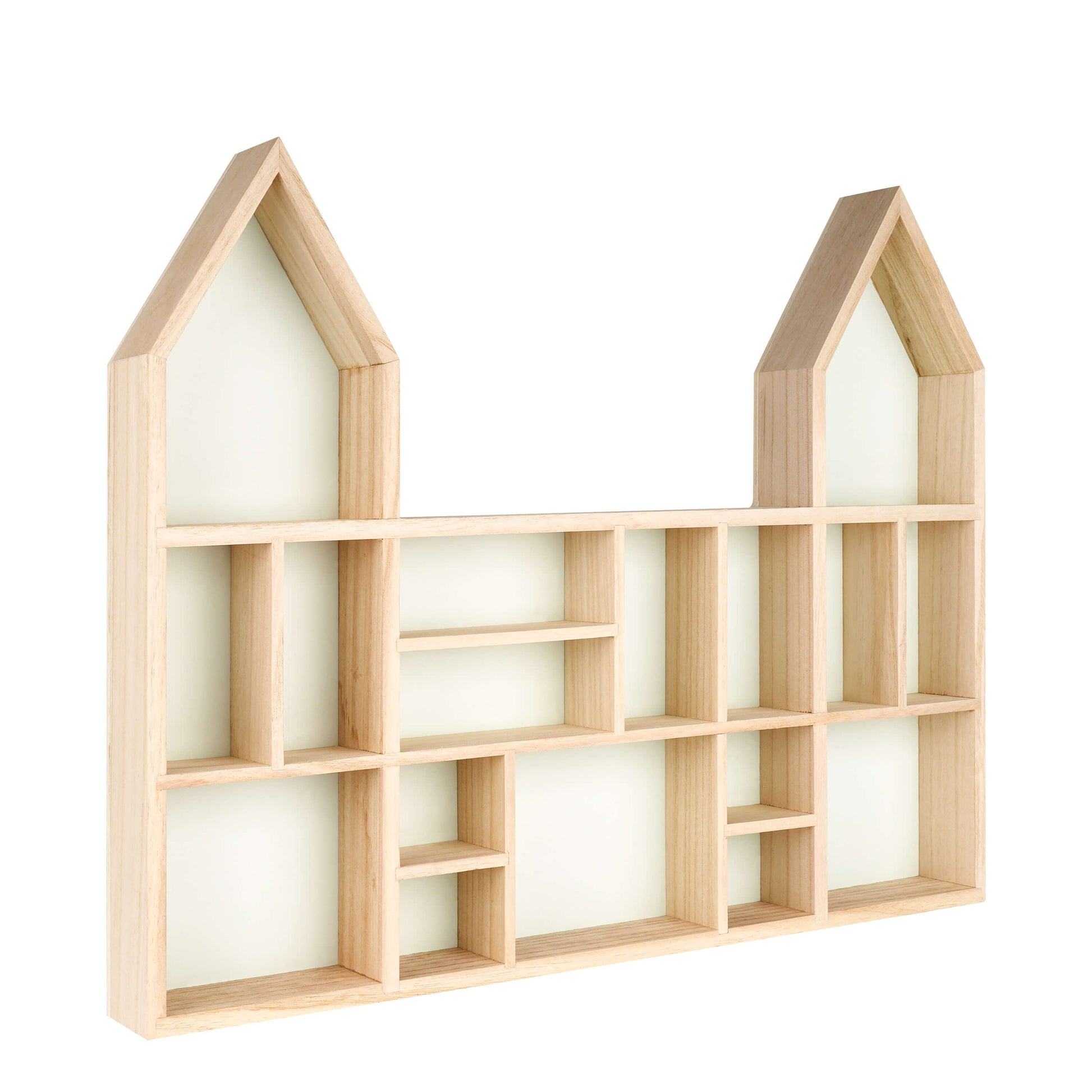 Castle shaped wooden toy display shelf with a mint-colored backboard ( Empty, side view)