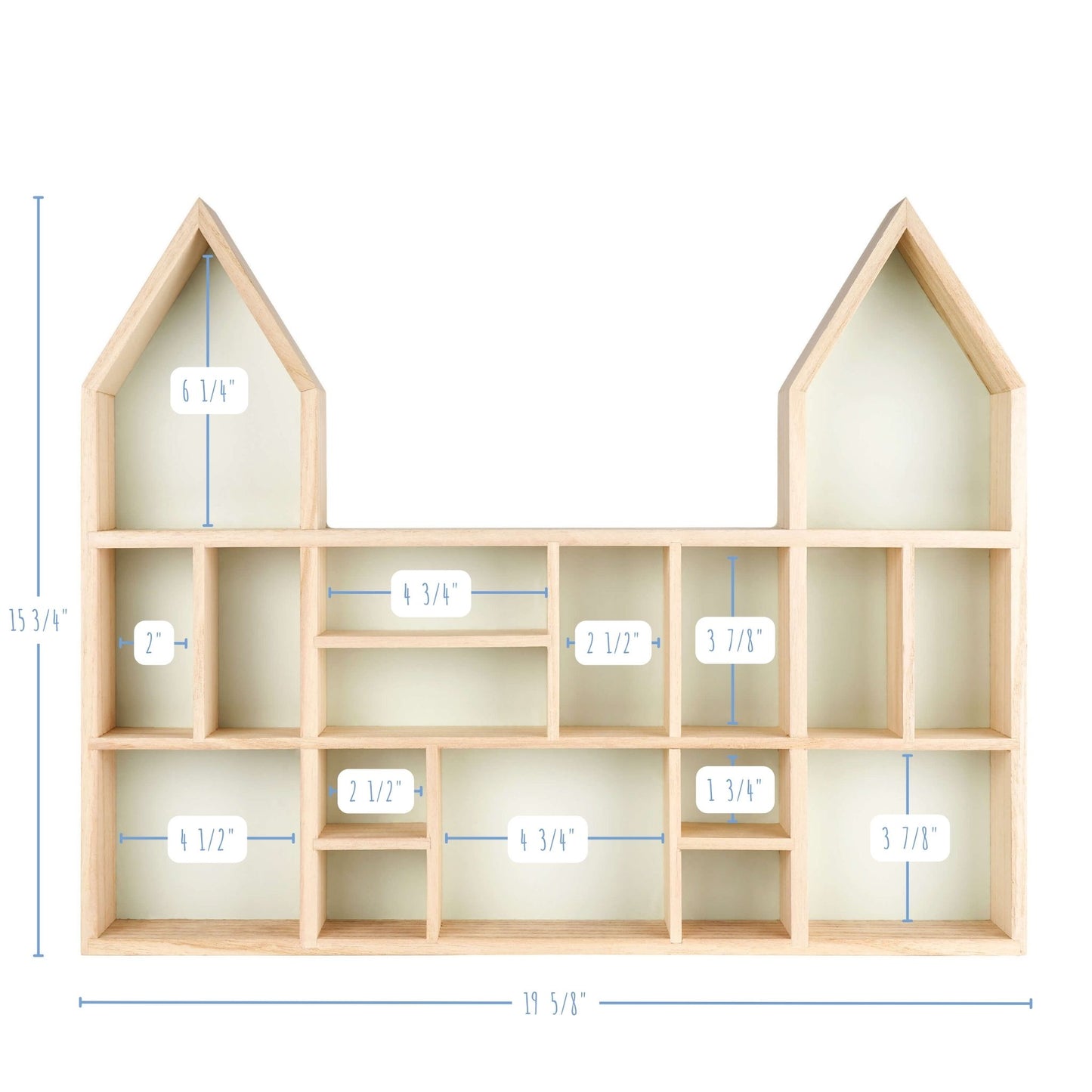 Castle shaped wooden toy display shelf with a mint-colored backboard - with compartments size detailed (front view)