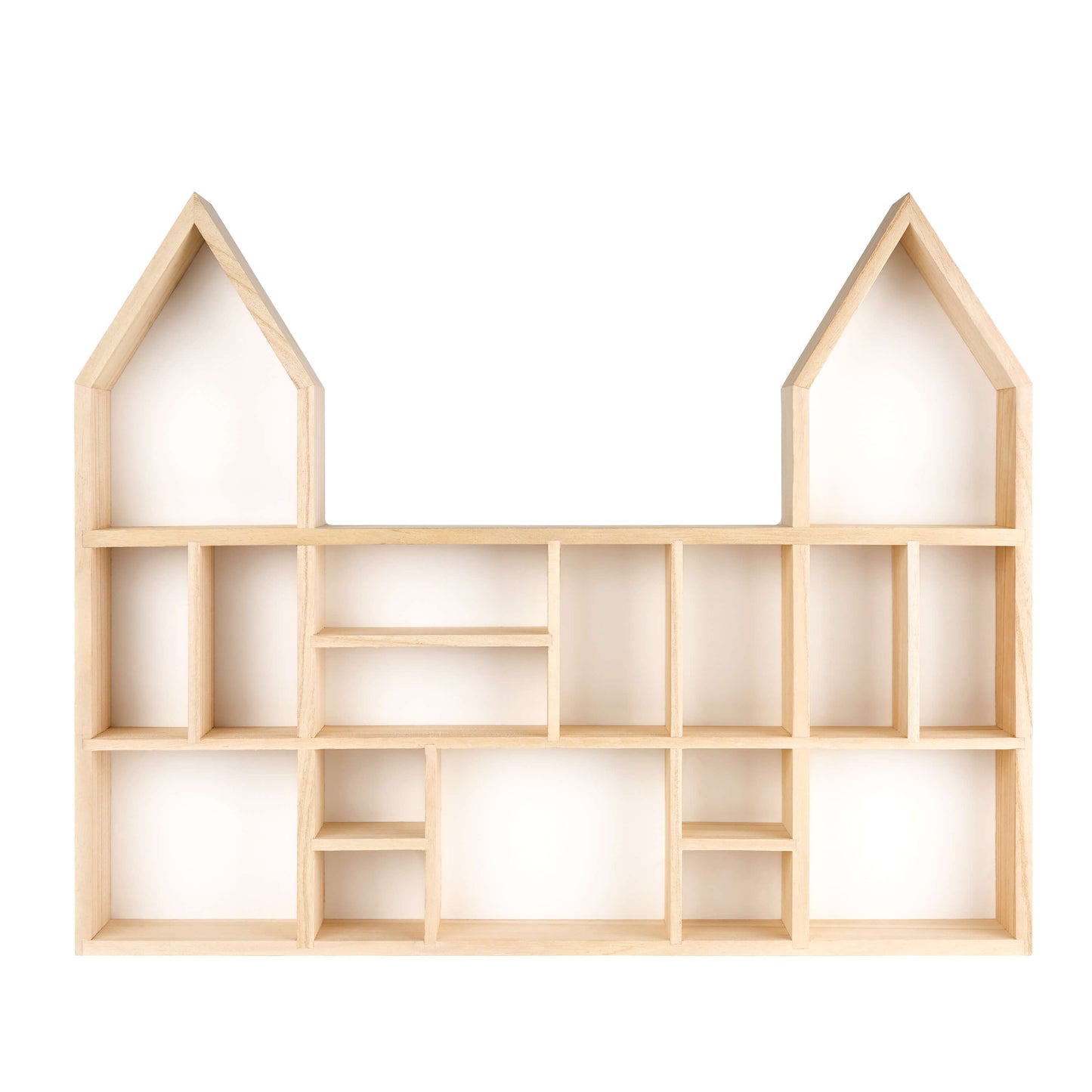 Castle shaped wooden toy display shelf with a white-colored backboard ( Empty, front view)
