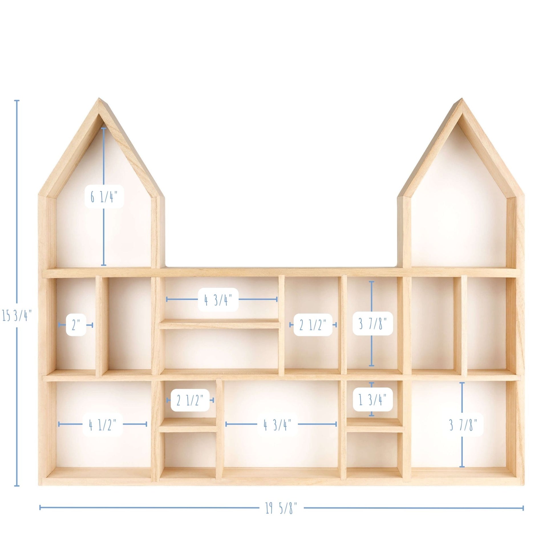 Castle shaped wooden toy display shelf with a white-colored backboard - with compartments size detailed (front view)